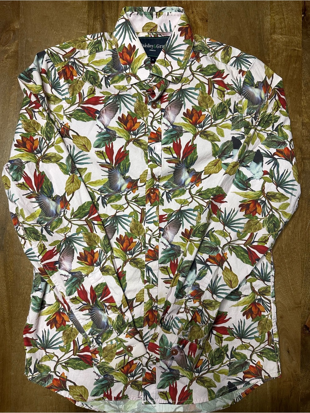 Island-Print Button-Down Shirt - White with Green & Red Floral